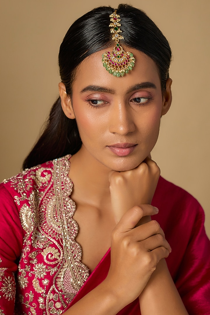 Gold Plated Multi-Colored Moissanite Polki Maangtikka In Sterling Silver by KARISA DESIGNS at Pernia's Pop Up Shop