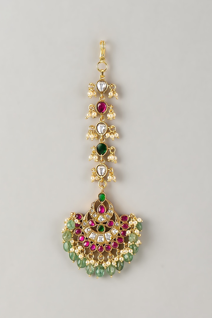 Gold Plated Multi-Colored Moissanite Polki Maangtikka In Sterling Silver by KARISA DESIGNS at Pernia's Pop Up Shop