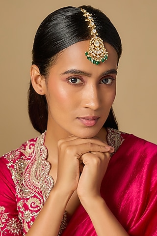 Gold Plated Green Moissanite Polki Maangtikka In Sterling Silver by KARISA DESIGNS