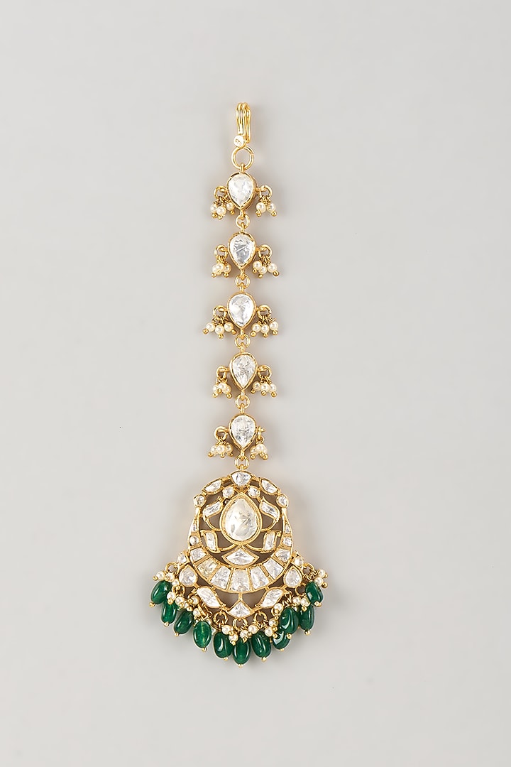 Gold Plated Green Moissanite Polki Maangtikka In Sterling Silver by KARISA DESIGNS at Pernia's Pop Up Shop