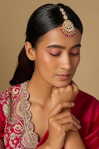 Gold Plated Pink Moissanite Polki Maangtikka In Sterling Silver by KARISA DESIGNS
