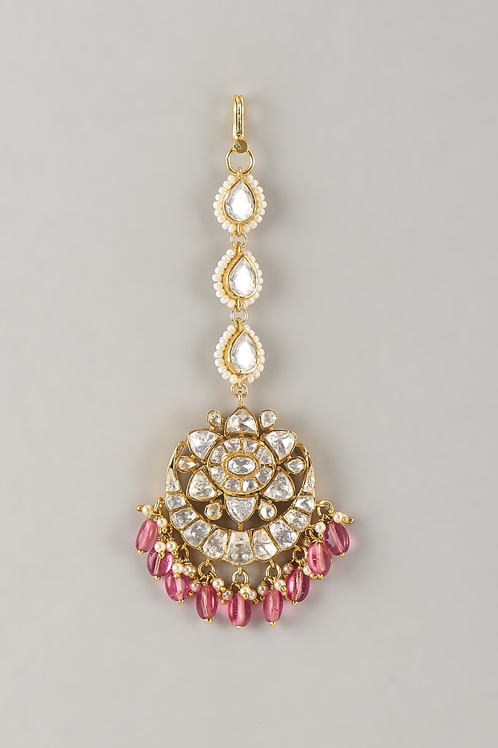 Gold Plated Pink Moissanite Polki Maangtikka In Sterling Silver by KARISA DESIGNS at Pernia's Pop Up Shop