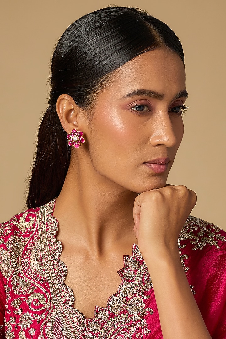 Gold Plated Red Moissanite Polki Stud Earrings In Sterling Silver by KARISA DESIGNS at Pernia's Pop Up Shop