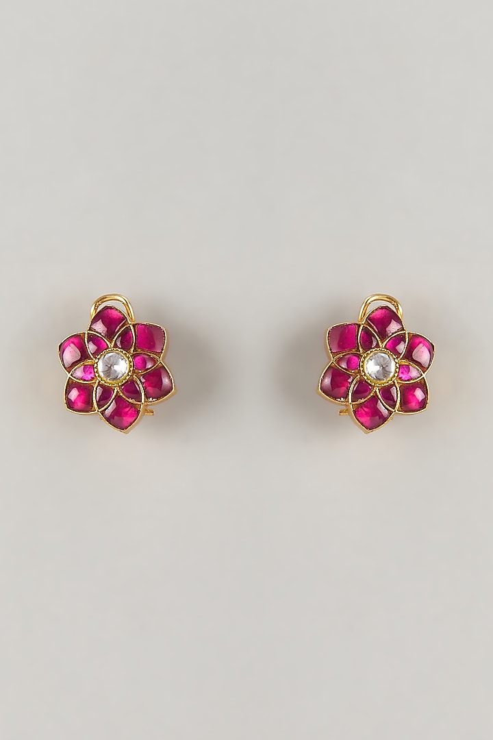Gold Plated Red Moissanite Polki Stud Earrings In Sterling Silver by KARISA DESIGNS at Pernia's Pop Up Shop