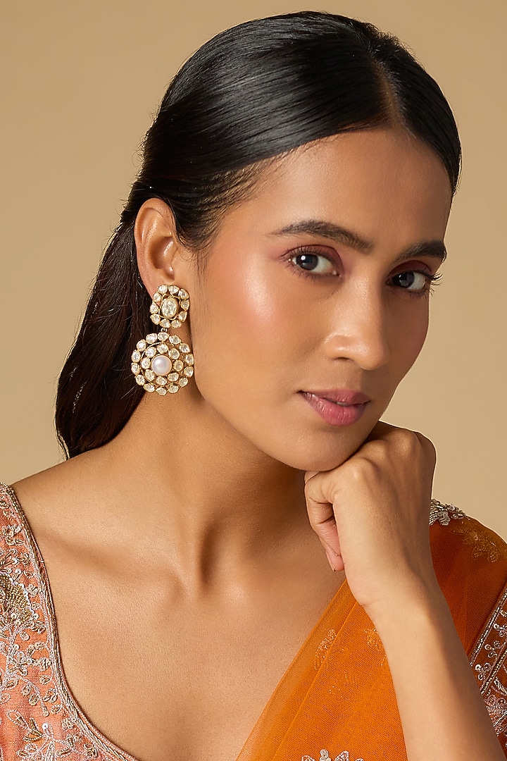 Black Rhodium Finish White Moissanite Polki Dangler Earrings In Sterling Silver by KARISA DESIGNS at Pernia's Pop Up Shop