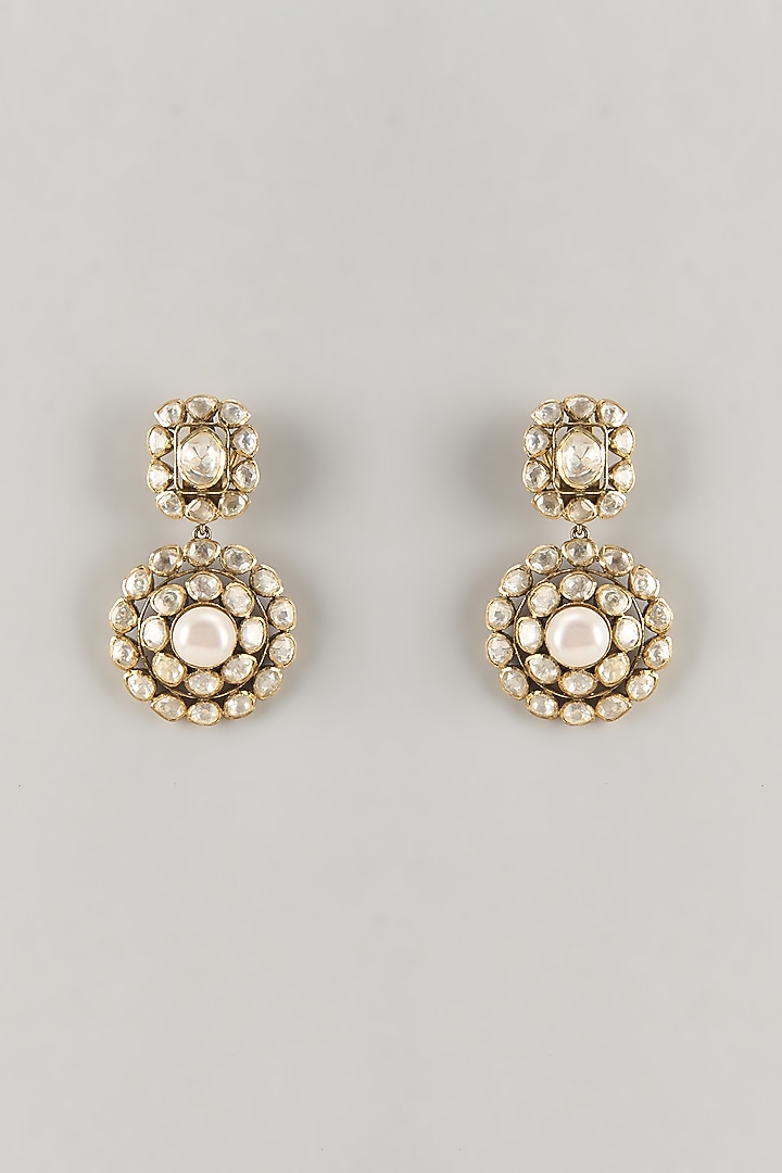 Black Rhodium Finish White Moissanite Polki Dangler Earrings In Sterling Silver by KARISA DESIGNS at Pernia's Pop Up Shop