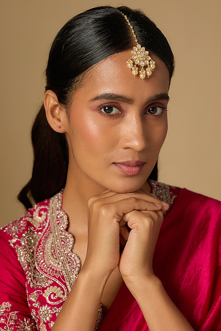 Gold Plated Moissanite Polki Maangtikka In Sterling Silver by KARISA DESIGNS at Pernia's Pop Up Shop