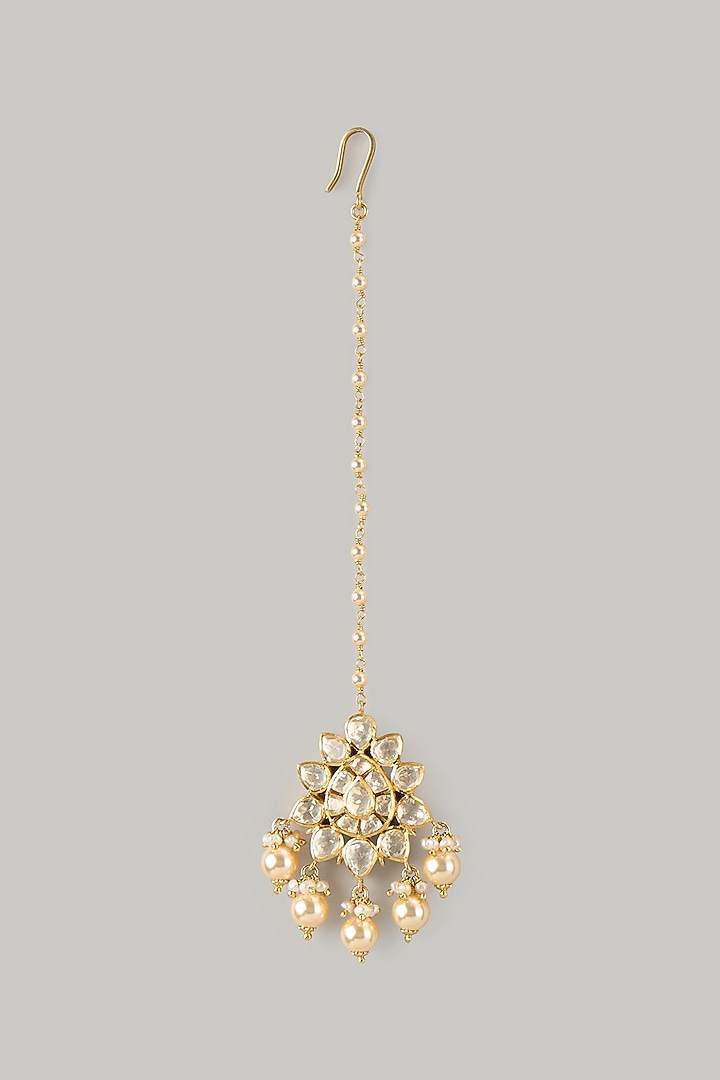 Gold Plated Moissanite Polki Maangtikka In Sterling Silver by KARISA DESIGNS at Pernia's Pop Up Shop