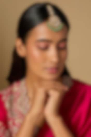 Gold Plated Moissanite Polki & Green Beaded Maangtikka In Sterling Silver by KARISA DESIGNS at Pernia's Pop Up Shop