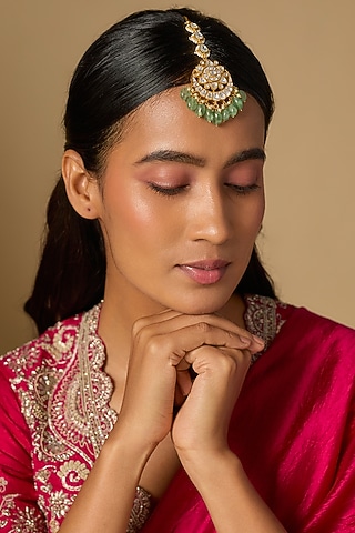 Gold Plated Moissanite Polki & Green Beaded Maangtikka In Sterling Silver by KARISA DESIGNS