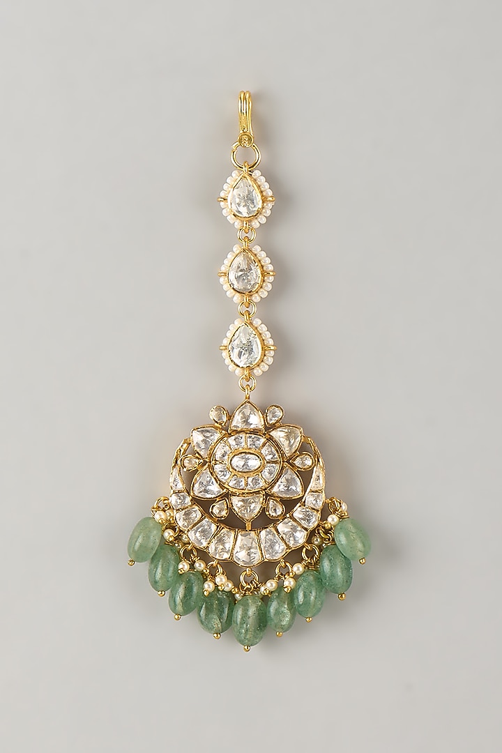 Gold Plated Moissanite Polki & Green Beaded Maangtikka In Sterling Silver by KARISA DESIGNS at Pernia's Pop Up Shop