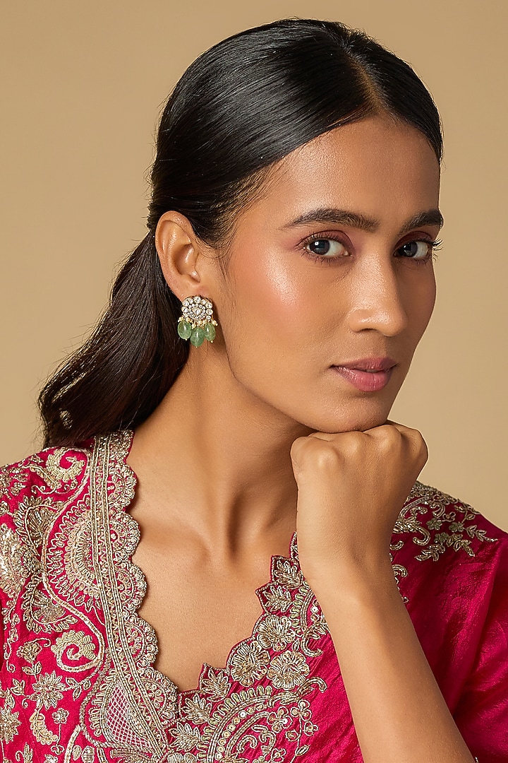 Black Rhodium Finish Green Moissanite Polki Stud Earrings In Sterling Silver by KARISA DESIGNS at Pernia's Pop Up Shop