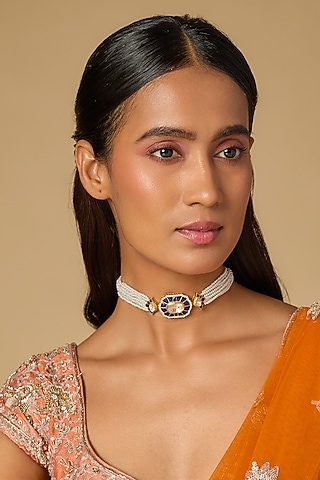 Gold Plated Blue Moissanite Polki Choker Necklace In Sterling Silver by KARISA DESIGNS