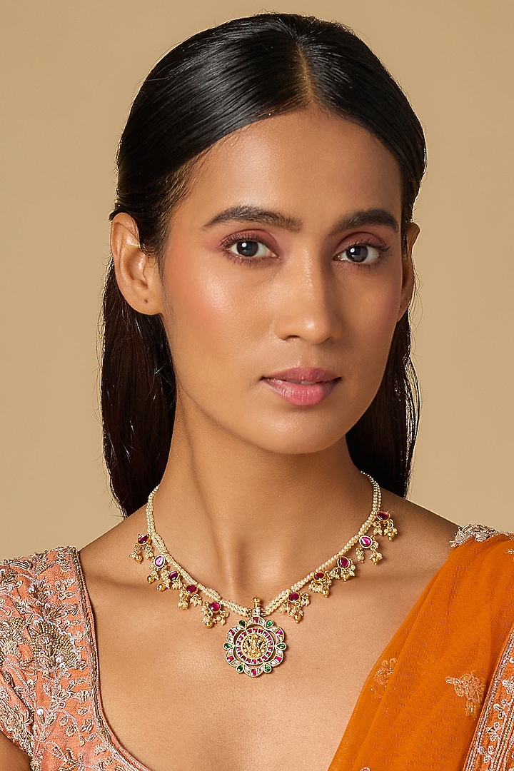 Gold Plated Multi-Colored Moissanite Polki Necklace In Sterling Silver by KARISA DESIGNS at Pernia's Pop Up Shop