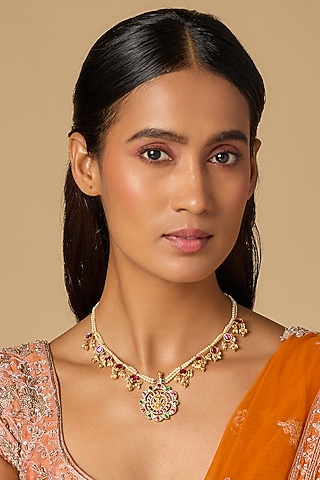 Gold Plated Multi-Colored Moissanite Polki Necklace In Sterling Silver by KARISA DESIGNS