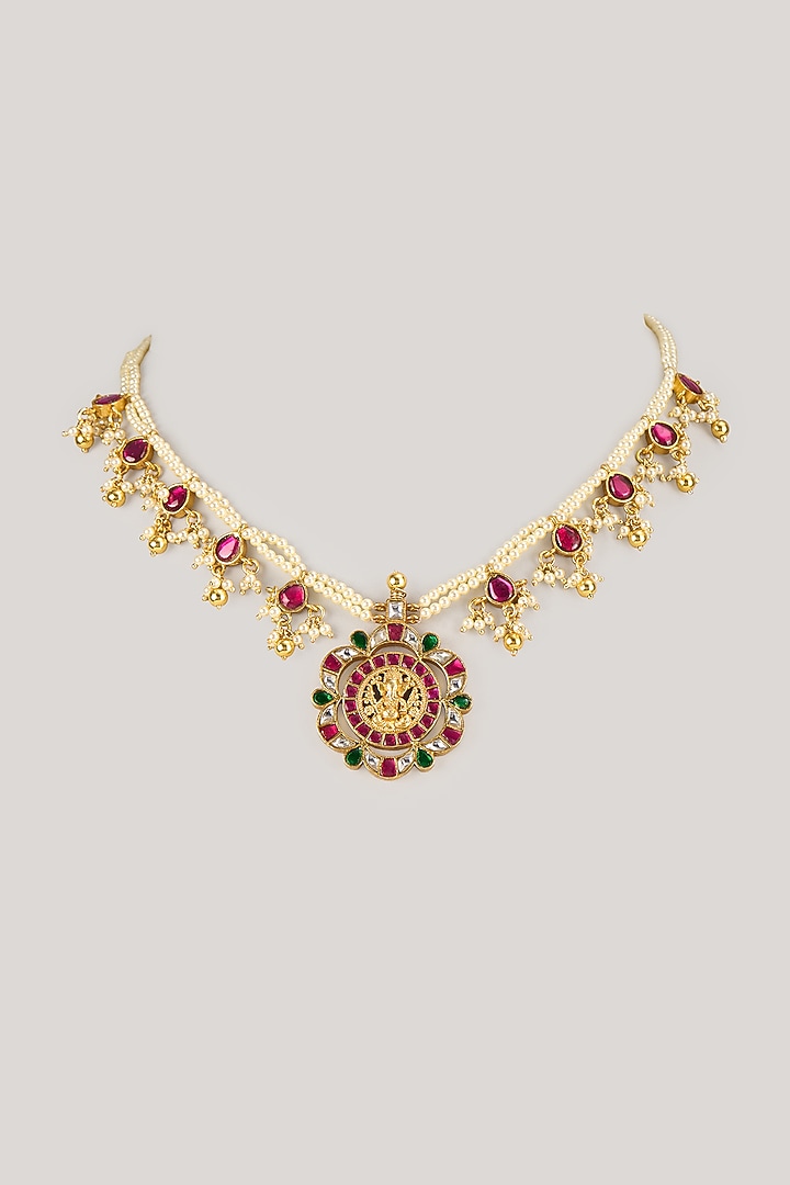 Gold Plated Multi-Colored Moissanite Polki Necklace In Sterling Silver by KARISA DESIGNS at Pernia's Pop Up Shop