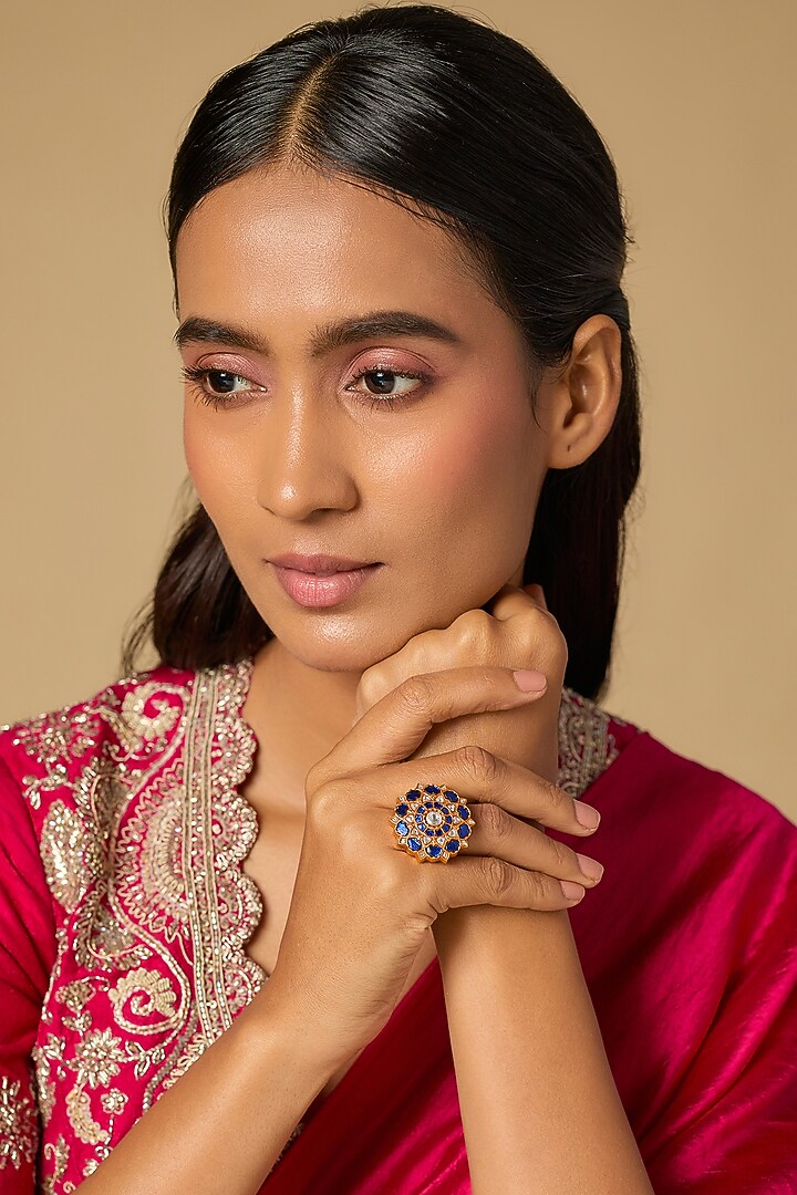 Gold Plated Blue Kundan Polki Ring In Sterling Silver by KARISA DESIGNS at Pernia's Pop Up Shop