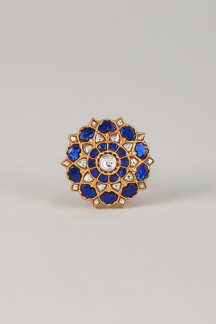 Gold Plated Blue Kundan Polki Ring In Sterling Silver by KARISA DESIGNS at Pernia's Pop Up Shop
