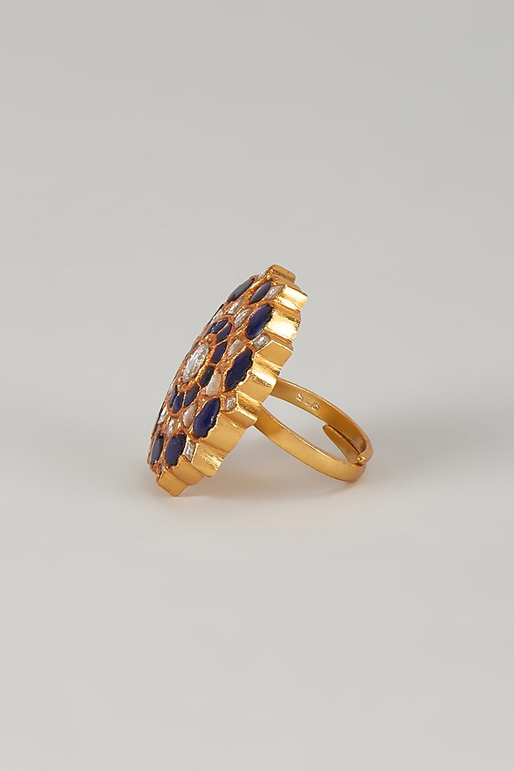 Gold Plated Blue Kundan Polki Ring In Sterling Silver by KARISA DESIGNS at Pernia's Pop Up Shop