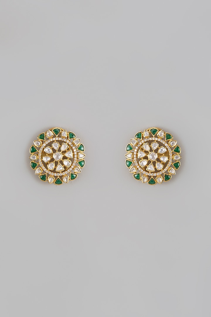 Gold Plated Moissanite Polki Floral Handcrafted Stud Earrings In Sterling Silver by KARISA DESIGNS at Pernia's Pop Up Shop