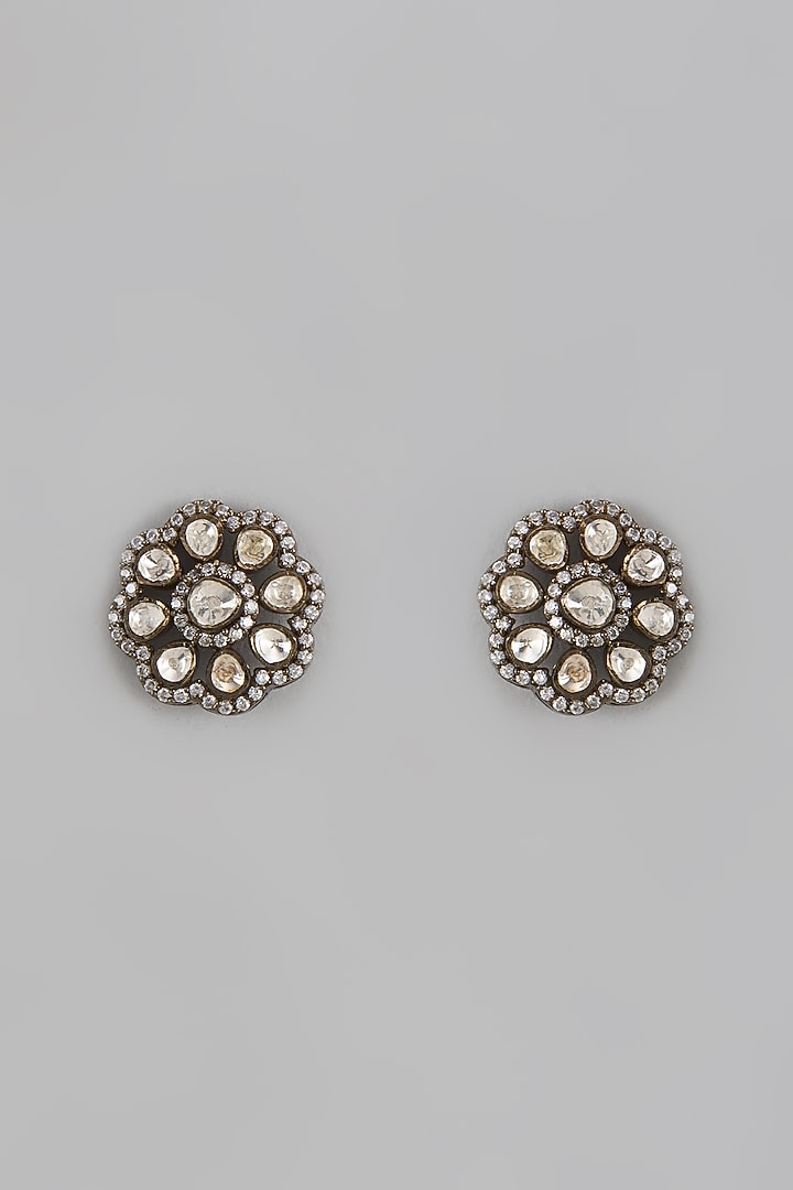 Black Rhodium Finish Victorian Polki Handcrafted Stud Earrings In Sterling Silver by KARISA DESIGNS at Pernia's Pop Up Shop