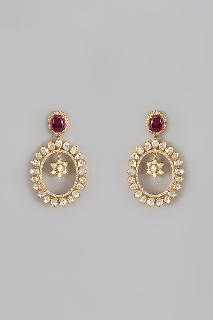 Gold Plated Moissantie Polki Handcrafted Dangler Earrings In Sterling Silver by KARISA DESIGNS at Pernia's Pop Up Shop