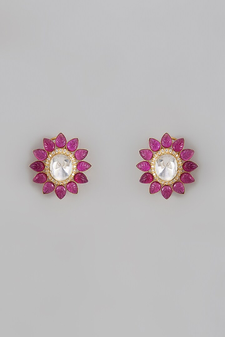 Gold Plated Moissanite Polki Handcrafted Stud Earrings In Sterling Silver by KARISA DESIGNS at Pernia's Pop Up Shop