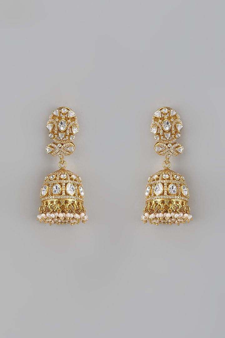 Gold Plated Moissanite Polki & Pearl Handcrafted Jhumka Earrings In Sterling Silver by KARISA DESIGNS at Pernia's Pop Up Shop