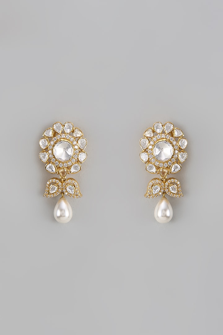 Gold Plated Moissanite Polki Handcrafted Dangler Earrings In Sterling Silver by KARISA DESIGNS at Pernia's Pop Up Shop