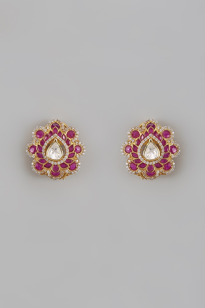 Gold Plated Moissanite Polki Handcrafted Stud Earrings In Sterling Silver by KARISA DESIGNS at Pernia's Pop Up Shop