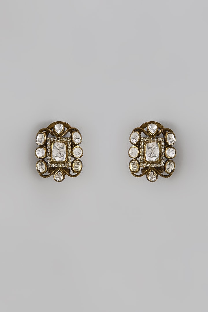 Black Rhodium Finish Moissanite Polki Handcrafted Stud Earrings In Sterling Silver by KARISA DESIGNS at Pernia's Pop Up Shop