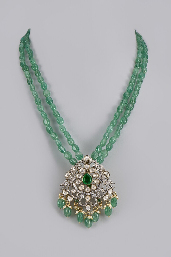 Black Rhodium Finish Moissanite Polki & Green Beaded Handcrafted Necklace In Sterling Silver by KARISA DESIGNS at Pernia's Pop Up Shop