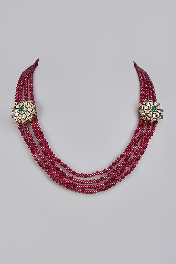 Black Rhodium Finish Moissanite Polki & Red Beaded Handcrafted Necklace In Sterling Silver by KARISA DESIGNS at Pernia's Pop Up Shop