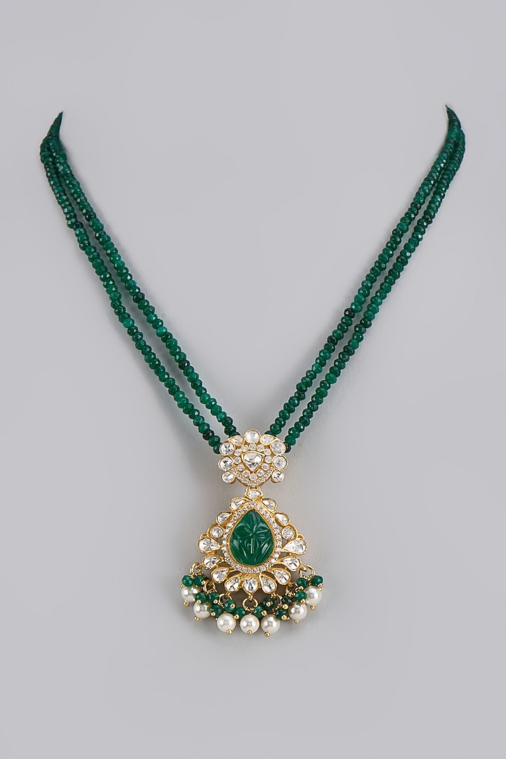 Gold Plated Moissanite Polki & Green Beaded Handcrafted Necklace In Sterling Silver by KARISA DESIGNS at Pernia's Pop Up Shop