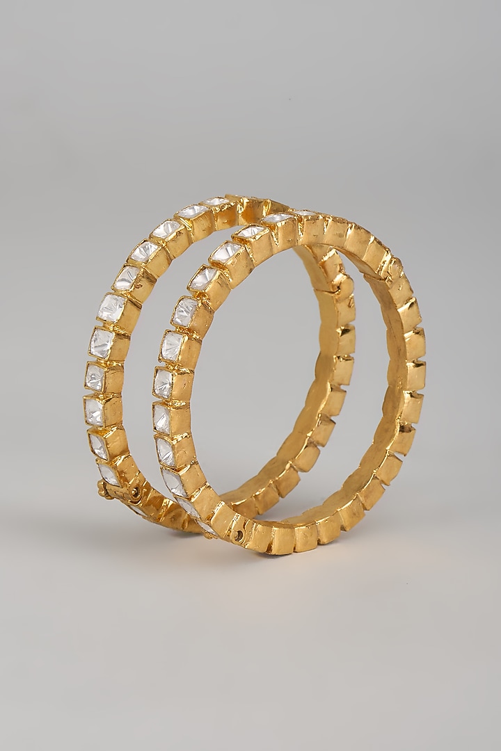 Gold Plated Kundan Polki Bangles In Sterling Silver (Set of 2) by KARISA DESIGNS at Pernia's Pop Up Shop