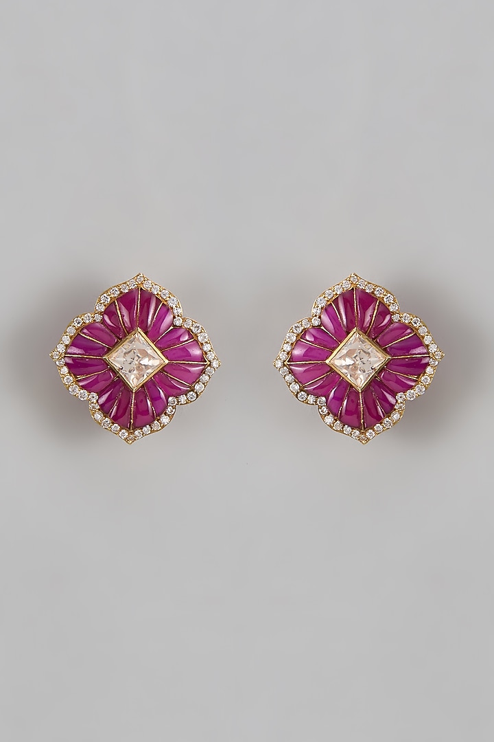 Gold Plated Moissanite Polki Stud Earrings In Sterling Silver by KARISA DESIGNS at Pernia's Pop Up Shop