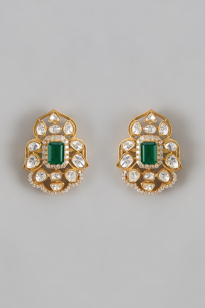 Gold Plated Moissanite Polki Stud Earrings In Sterling Silver by KARISA DESIGNS at Pernia's Pop Up Shop