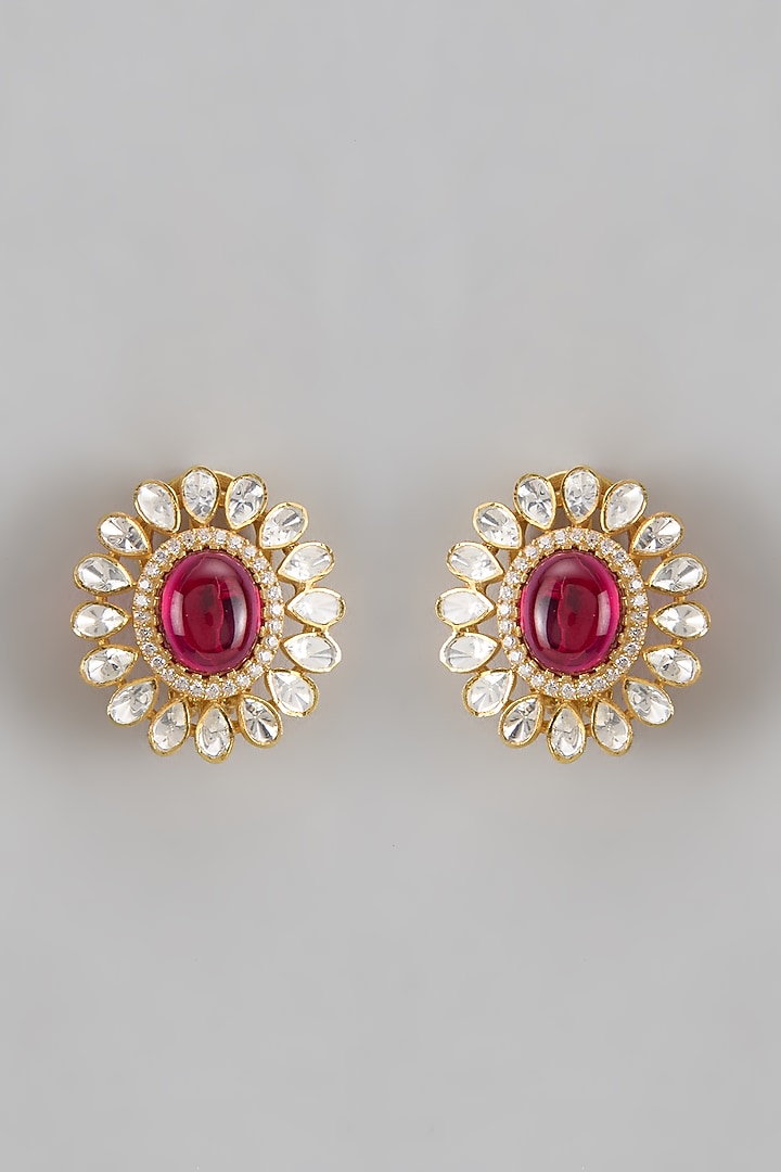 Gold Plated Moissanite Polki Stud Earrings In Sterling Silver by KARISA DESIGNS at Pernia's Pop Up Shop