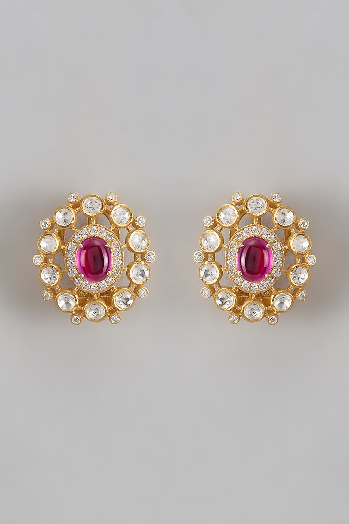 Gold Plated Moissanite Polki Stud Earrings In Sterling Silver by KARISA DESIGNS at Pernia's Pop Up Shop