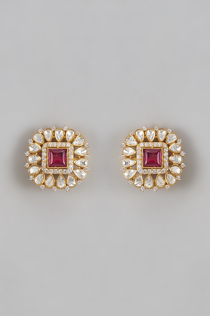 Gold Plated Moissanite Polki Stud Earrings In Sterling Silver by KARISA DESIGNS at Pernia's Pop Up Shop