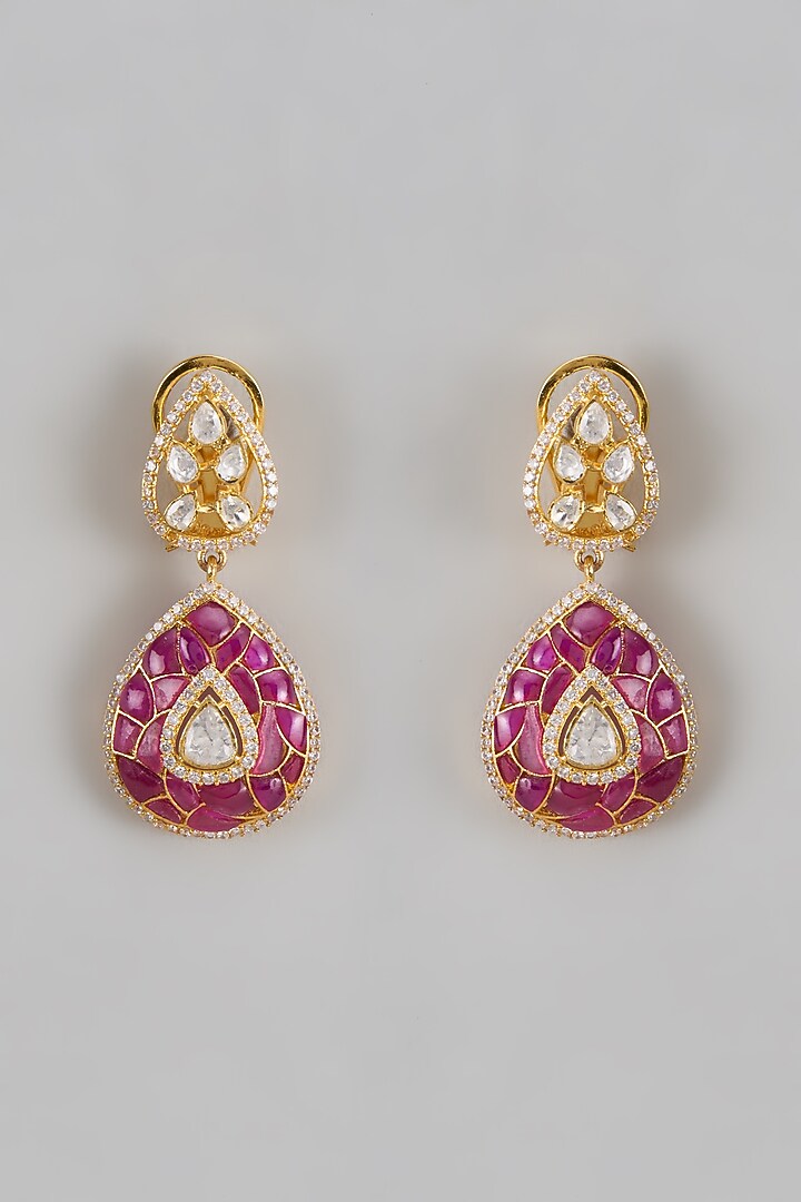 Gold Plated Moissanite Polki Dangler Earrings In Sterling Silver by KARISA DESIGNS at Pernia's Pop Up Shop
