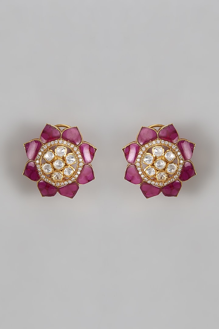 Gold Plated Moissanite Polki Stud Earrings In Sterling Silver by KARISA DESIGNS at Pernia's Pop Up Shop