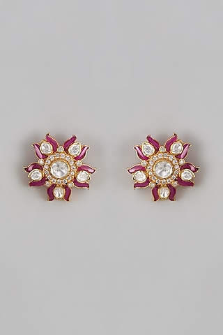 Gold Plated Moissanite Polki Stud Earrings In Sterling Silver by KARISA DESIGNS