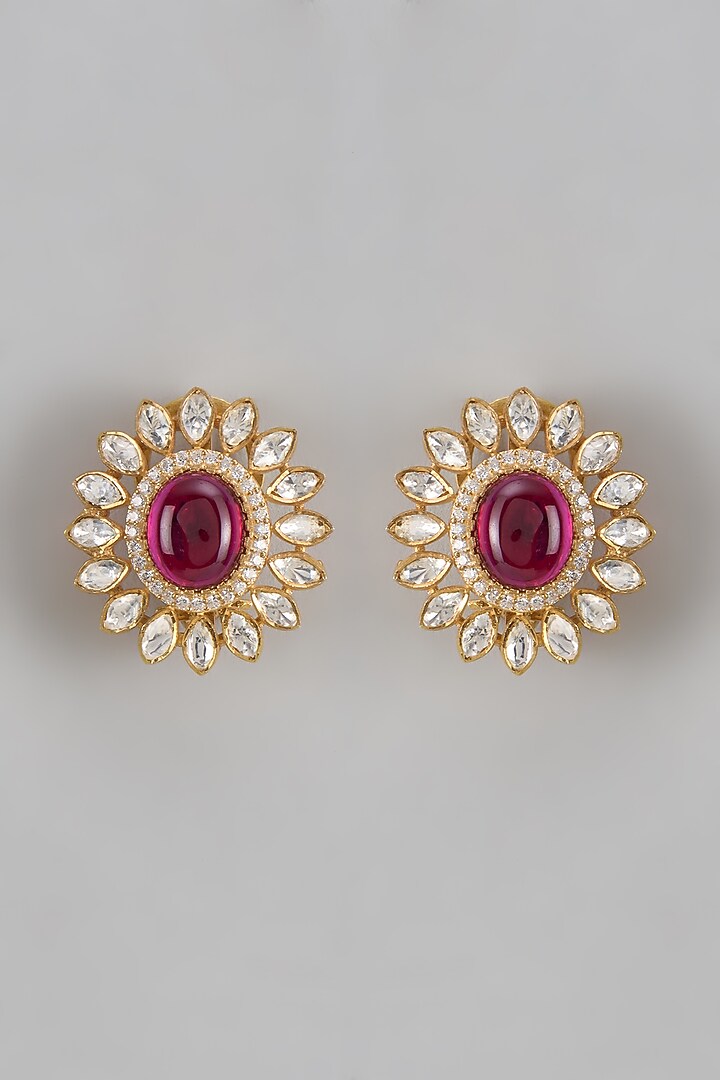 Gold Plated Moissanite Polki Stud Earrings In Sterling Silver by KARISA DESIGNS at Pernia's Pop Up Shop