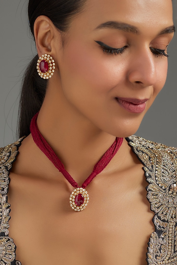 Gold Plated Red Kundan Polki Necklace Set In Sterling Silver by KARISA DESIGNS at Pernia's Pop Up Shop
