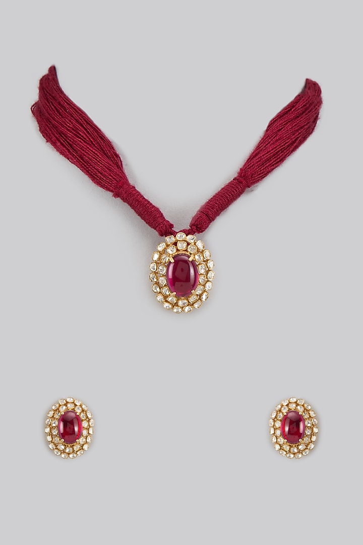 Gold Plated Red Kundan Polki Necklace Set In Sterling Silver by KARISA DESIGNS at Pernia's Pop Up Shop