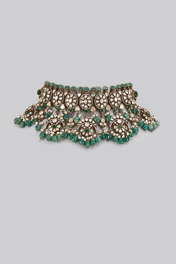 Black Rhodium Plated Green Beaded & Kundan Polki Necklace In Sterling Silver by KARISA DESIGNS at Pernia's Pop Up Shop
