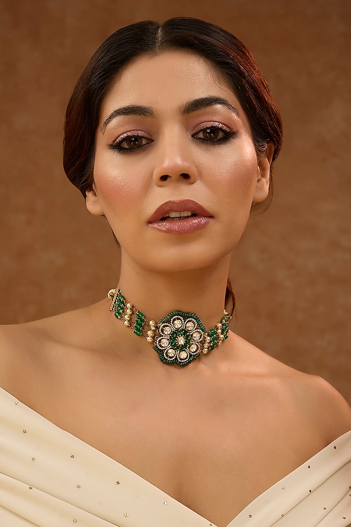 Gold Plated Green Kundan Polki & Pearl Choker Necklace In Sterling Silver by KARISA DESIGNS at Pernia's Pop Up Shop