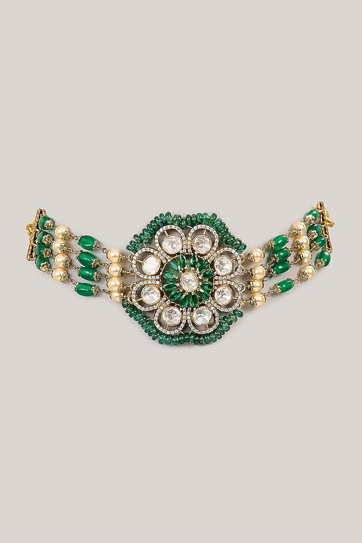 Gold Plated Green Kundan Polki & Pearl Choker Necklace In Sterling Silver by KARISA DESIGNS at Pernia's Pop Up Shop
