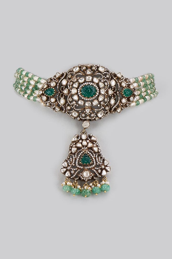 Black Rhodium Plated Green Beaded & Kundan Polki Necklace In Sterling Silver by KARISA DESIGNS at Pernia's Pop Up Shop